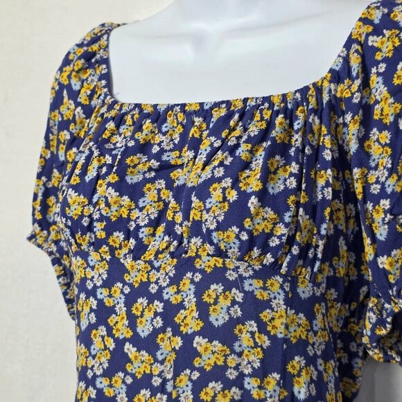 Forever 21 Blue Floral Puff Sleeve Cutout Dress L - Picture 5 of 11